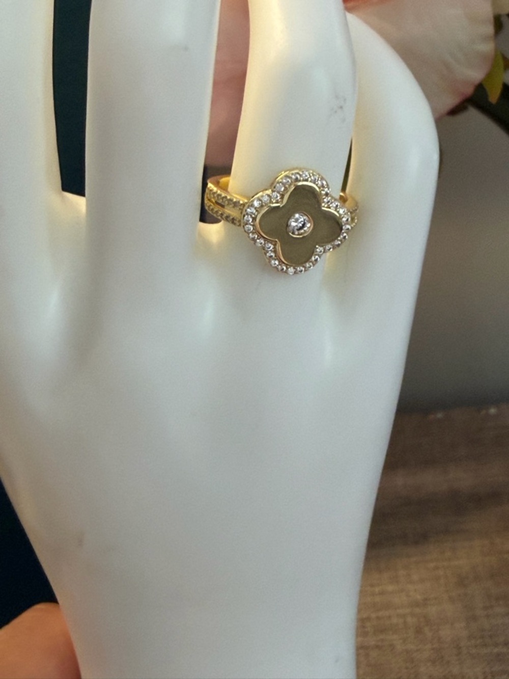 Gold Clover Ring with Clear Crystal Halo - Women Jewelry